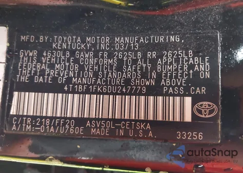 2013 Toyota Camry Se z USA, uszkodzony, nr VIN 4T1BF1FK6DU247779